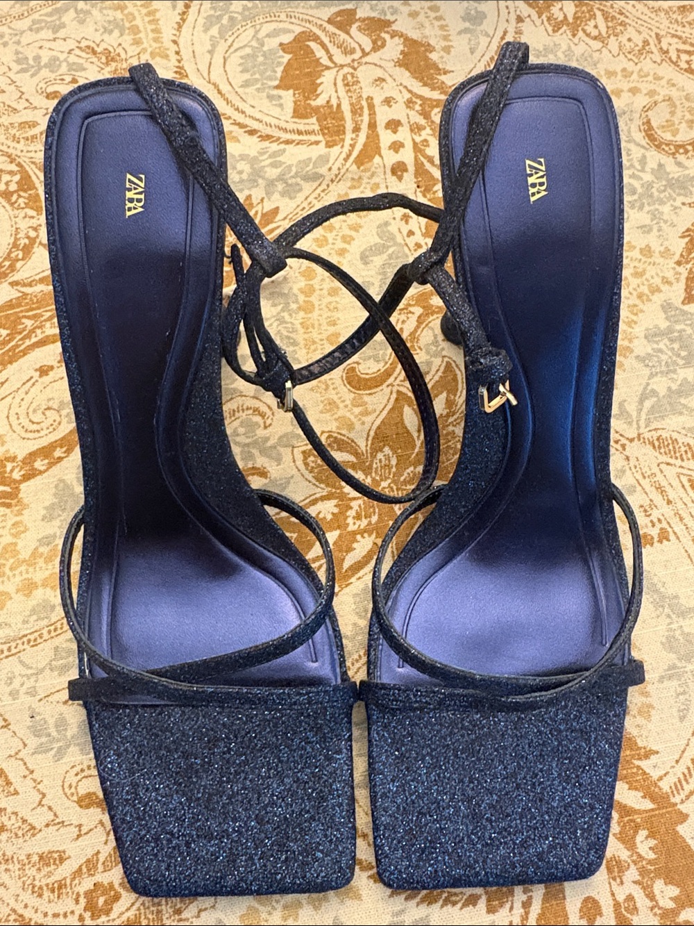 ZARA Navy Glitter Strappy Square-Toe Heels